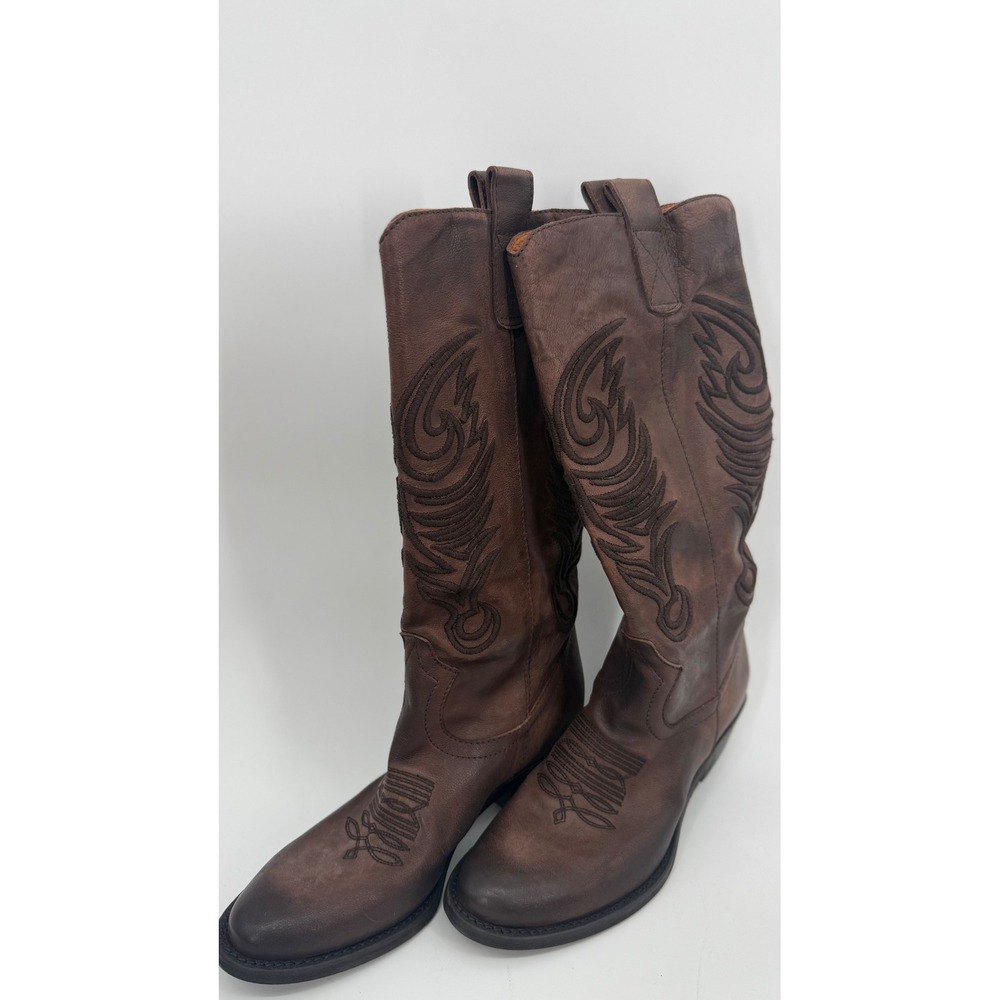 Grey Mer‎ Italian Leather Western Boots Women 41 Brown Embroidered Tall Country